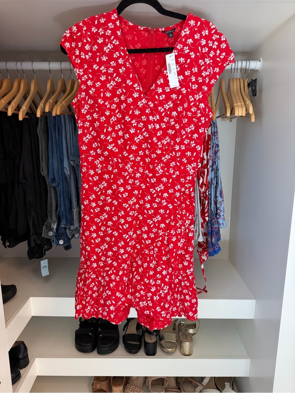 J. Crew Red Floral V-Neck Dress with White Print
